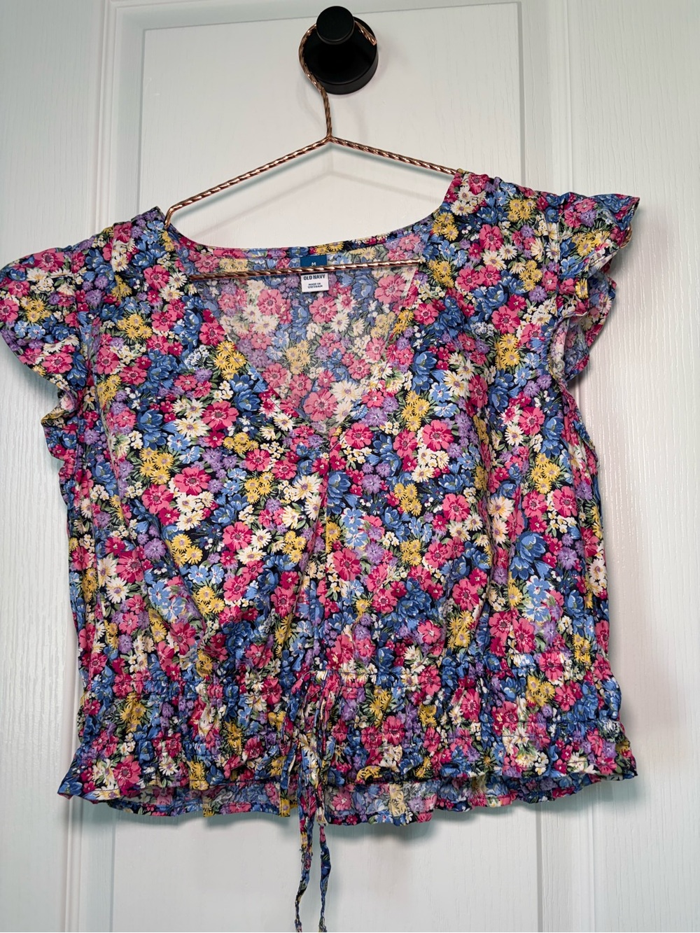 Old Navy Floral Tie-Front Flutter Sleeve Top - Pink Blue Yellow